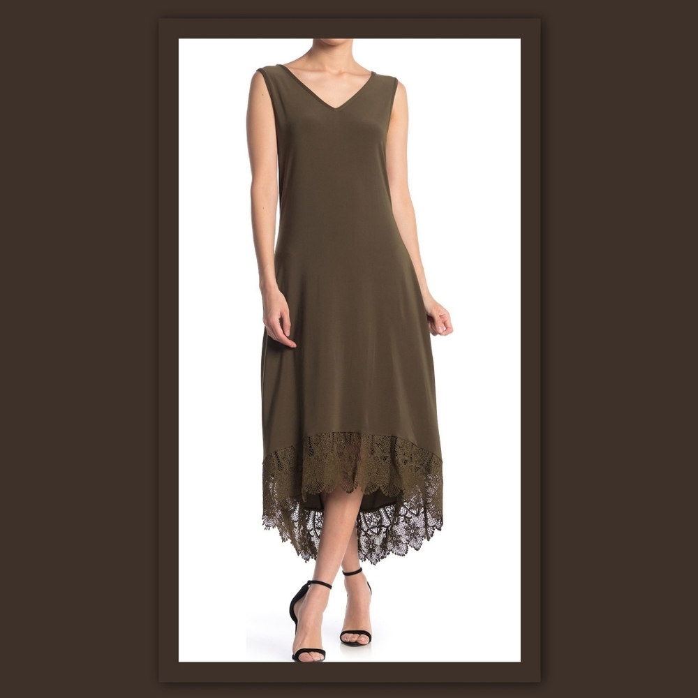 NINA LEONARD V-NECK SLEEVELESS LACE HEM DRESS